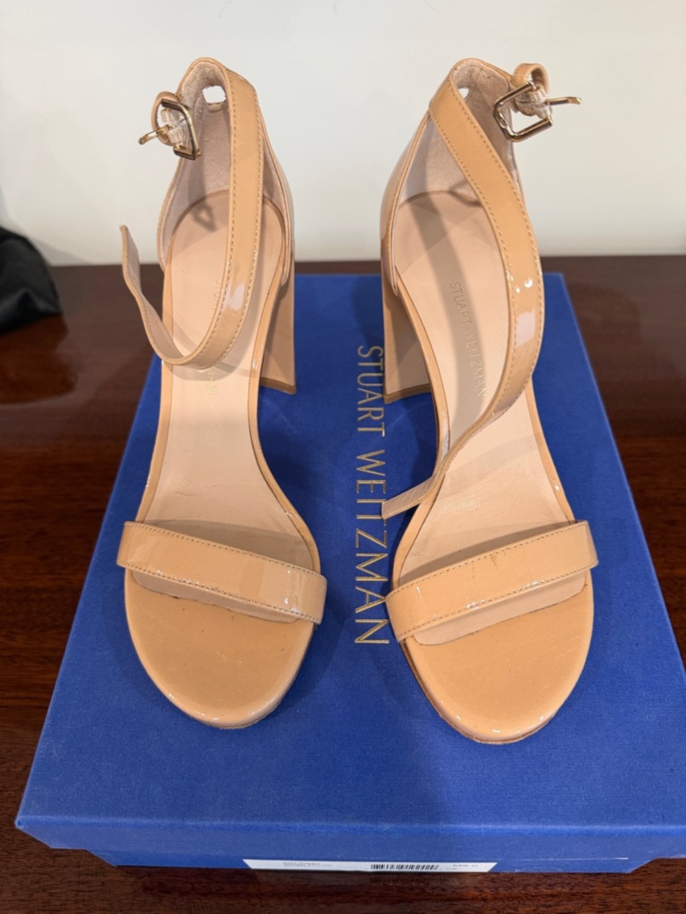 Stuart Weitzman Patent Leather Ankle-Strap Sandals in Nude